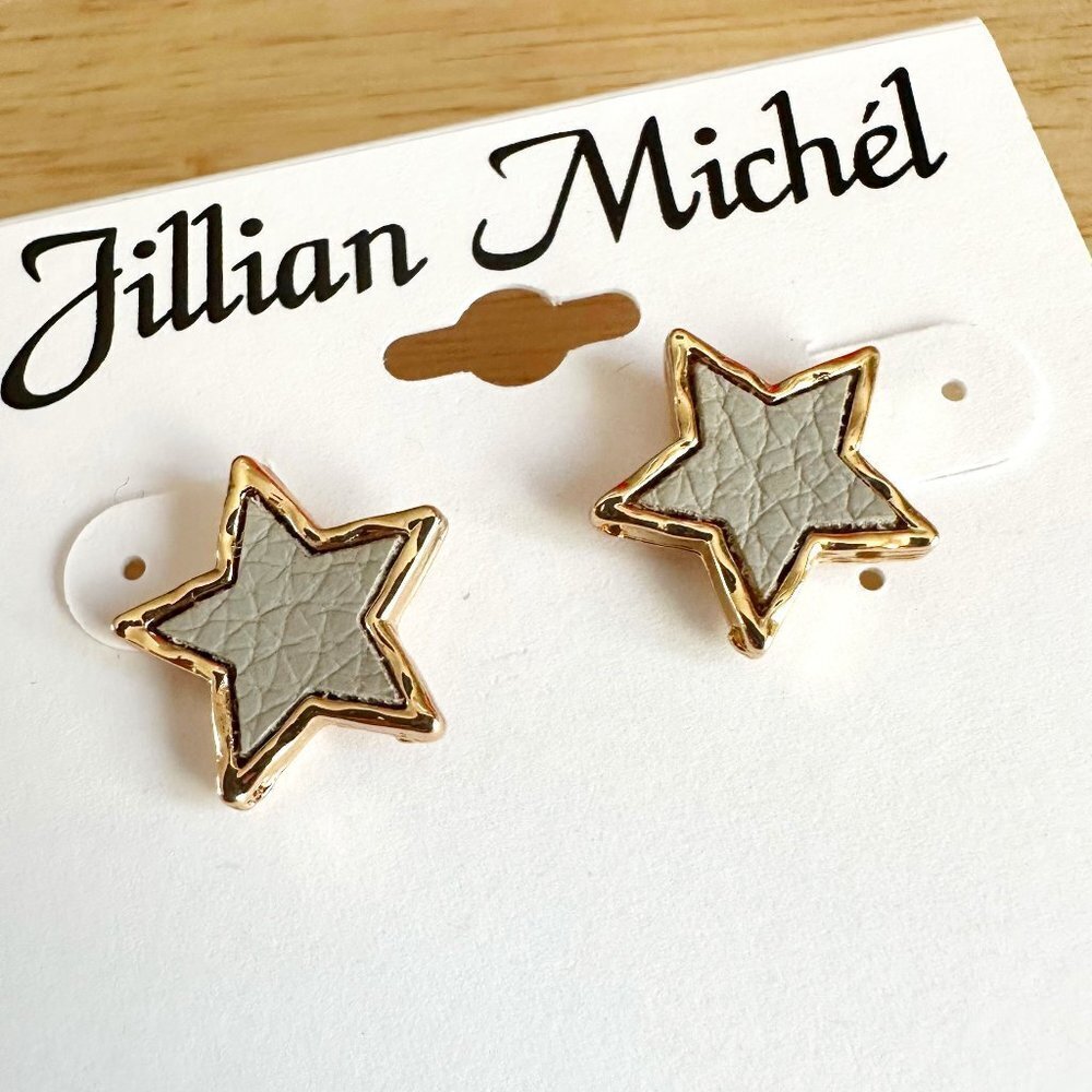 NWT Jillian Michel Star Earrings Faux Leather Gray Gold Pierced Post Night